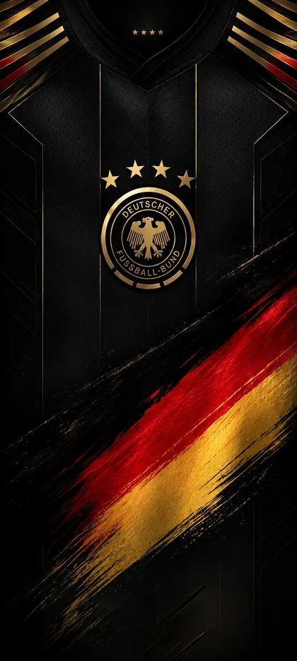 Deutschland Trikot Hintergrundbild 2026 mit schwarzem Fußballtrikot, vier Sternen und Schwarz Rot Gold Pinselstrich als Handy Wallpaper.