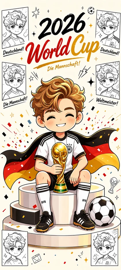 Deutschland WM 2026 Fußball Hintergrundbild mit Anime Junge, Pokal, Deutschland-Flagge und Fußball als Handy Wallpaper.