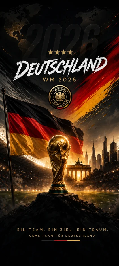 Deutschland WM 2026 Hintergrundbilder mit Weltpokal, deutscher Flagge, Stadionlichtern und Schwarz Rot Gold Effekten als Handy Wallpaper.