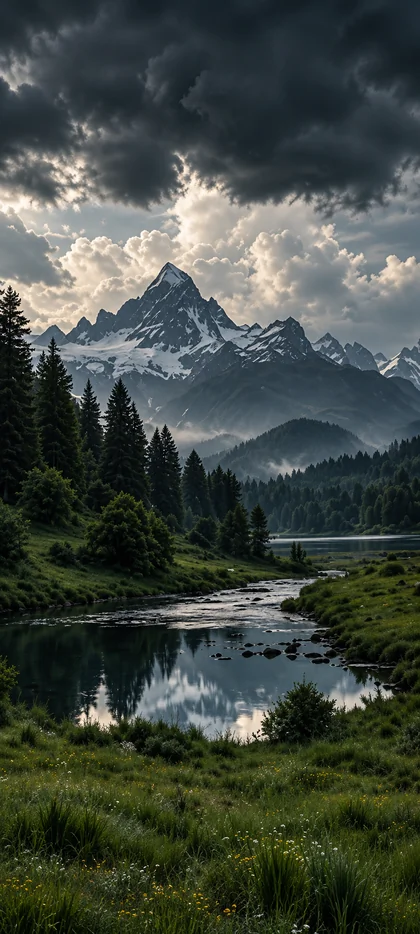 iPhone 18 Hintergrundbild mit schneebedeckten Bergen, dunklen Gewitterwolken, Nadelwald und spiegelndem Fluss für iPhone 18 Pro und iPhone 18 Pro Max