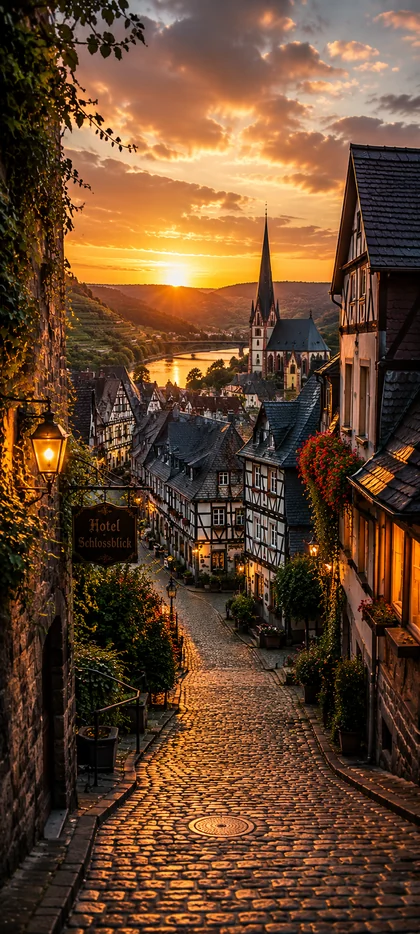 Historische Fachwerkstadt mit Kopfsteinpflasterstraße, Kirche und goldenem Sonnenuntergang als 4K Handy Hintergrundbild