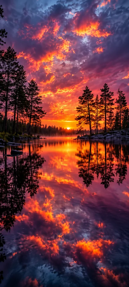 Feuriger Sonnenuntergang über stillem Waldsee – iPhone 18 Hintergrundbilder