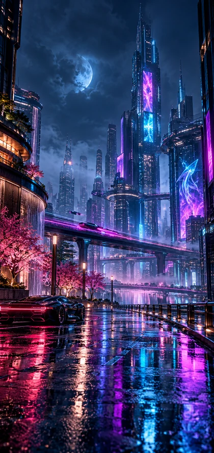 Futuristische Cyberpunk-Stadt bei Nacht mit Neonlichtern, Wolkenkratzern und Spiegelungen auf nasser Straße als 4K Hintergrundbild