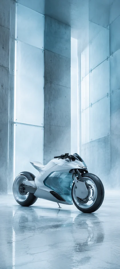 Weißes futuristisches Concept Bike in moderner Architektur – elegantes Wallpaper aus der Sammlung außergewöhnlicher Motorrad-Hintergrundbilder.