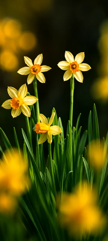 Leuchtende gelbe Narzissen mit weichem Hintergrund als ästhetisches Blumen Wallpaper für Smartphones.