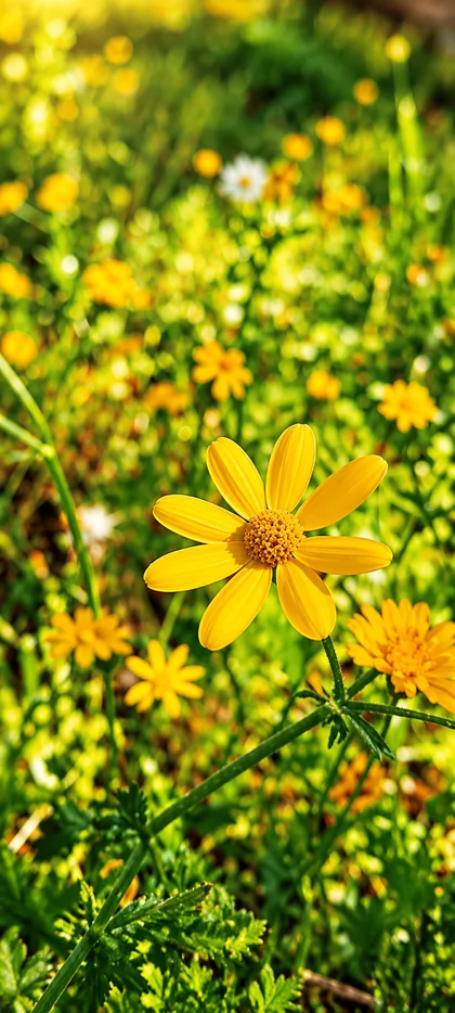 Gelbe Wildblume auf einer grünen Wiese mit weiteren kleinen Blüten im Hintergrund als Natur Hintergrundbilder