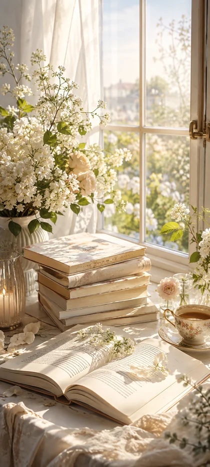 Gemütlicher Lesetisch mit offenem Buch, weißen Blumen und warmem Sonnenlicht am Fenster als 4K Handy Hintergrundbild