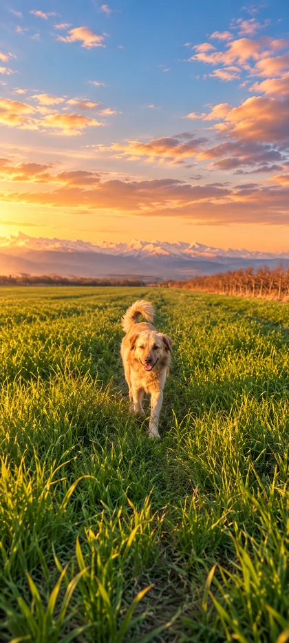Golden Retriever auf grüner Wiese bei goldenem Sonnenuntergang mit weiter Landschaft und Bergen im Hintergrund als Tiere Hintergrundbild