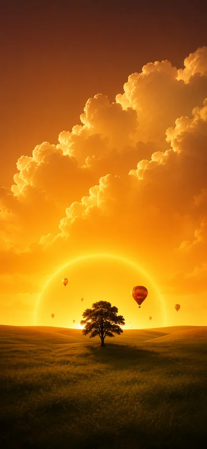 goldener sonnenuntergang mit leuchtenden wolken und heißluftballons als natur hintergrundbilder und iphone hintergrundbilder in 4k.