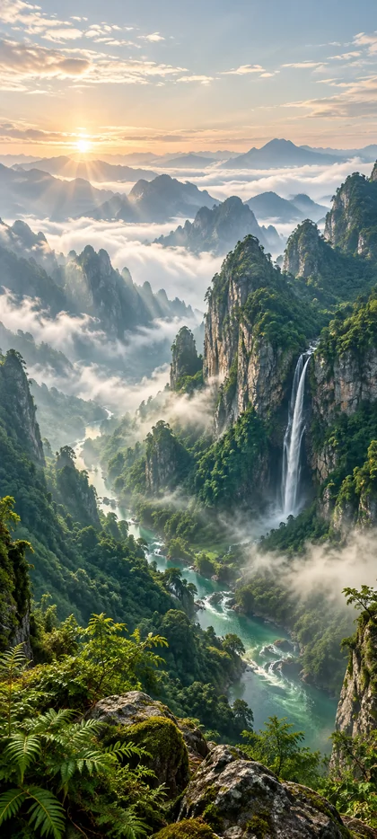 Bewaldete Felsberge im goldenen Sonnenlicht mit Nebel zwischen den Gipfeln, einem hohen Wasserfall rechts und einem türkisfarbenen Fluss im Tal.