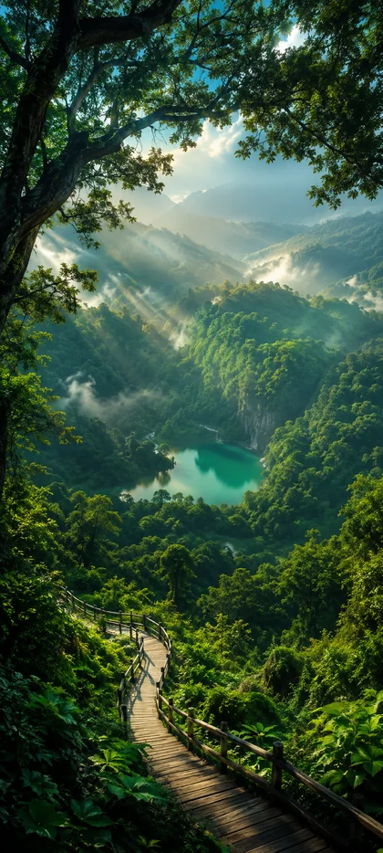 Türkisfarbener Bergsee zwischen grünen Wäldern und Bergen mit Holzweg als 4K Handy Hintergrundbild