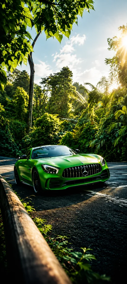 Grüner Mercedes AMG Sportwagen auf einer tropischen Straße im dichten Wald mit Sonnenlicht als vertikales Handy Wallpaper