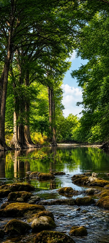 Grüner Wald mit ruhigem Fluss, Felsen im Wasser, hohen Bäumen und blauem Himmel als vertikales Handy Wallpaper