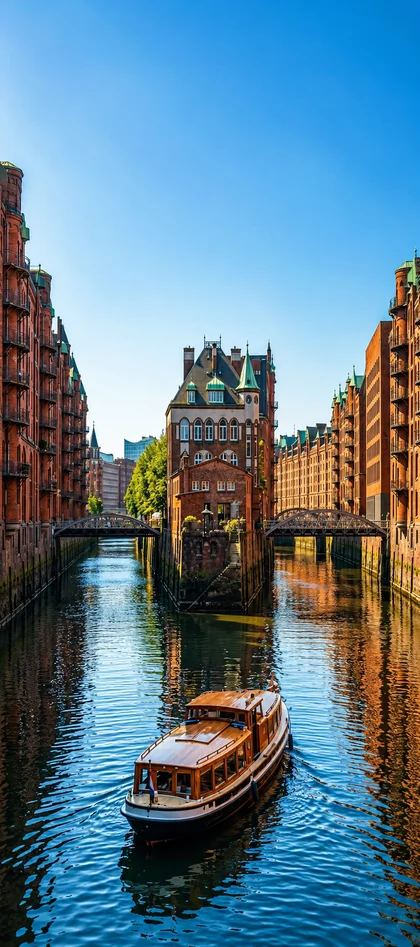 Hamburger Speicherstadt mit Wasserschloss, historischen Backsteingebäuden, Kanal und Hafenbarkasse als Handy Hintergrundbild