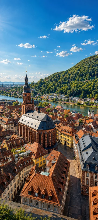 Luftaufnahme von Heidelberg mit Altstadt, Kirche, Neckar, roten Dächern und grünen Hügeln als vertikales Handy Wallpaper