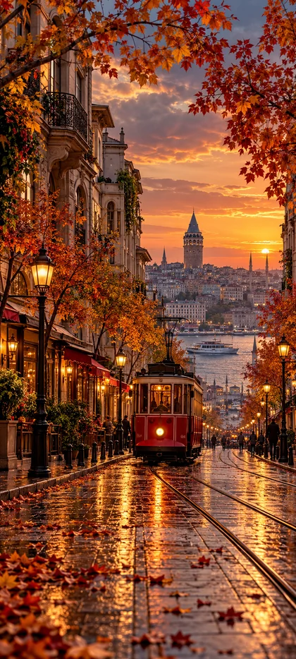 KI-generiertes Istanbul Hintergrundbild mit roter Straßenbahn, orangefarbenen Herbstbäumen, nasser Straße und Galataturm bei goldenem Sonnenuntergang