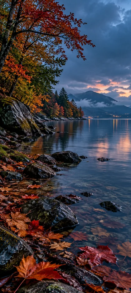 Herbstlicher Bergsee mit bunten Blättern, felsigem Ufer, Bergen und Abendhimmel als 4K Hintergrundbild