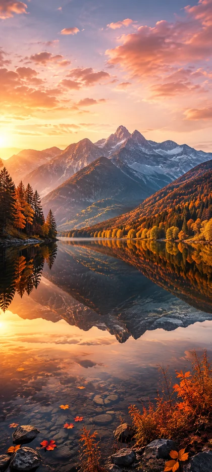 Herbst Hintergrundbilder mit Bergsee, orangefarbenem Herbstwald, hohen Bergen und goldenem Sonnenuntergang mit Spiegelung im Wasser.