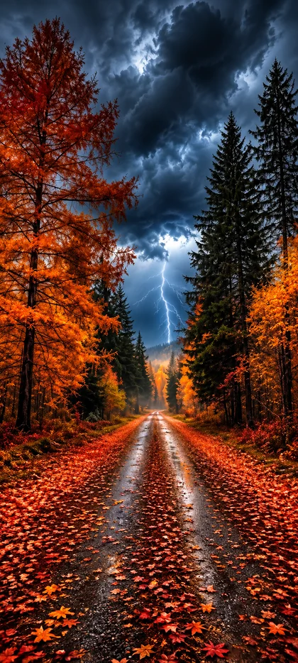iPhone 18 Hintergrundbild mit herbstlicher Waldstraße, orangefarbenen Bäumen, nassem Weg und dramatischem Himmel für iPhone 18 Pro und iPhone 18 Pro Max