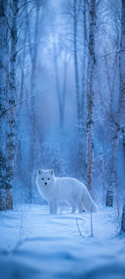 Weißer Polarfuchs im verschneiten Winterwald – tierisches Wallpaper aus der Sammlung winterlicher Hintergrundbilder.