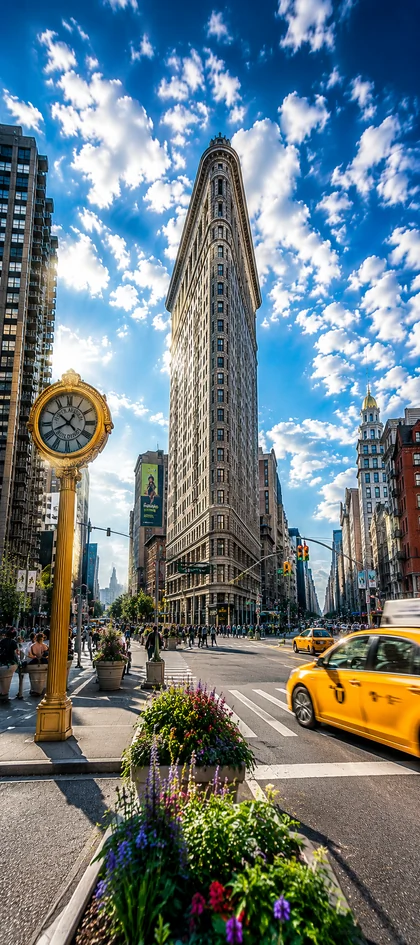 New York Wallpapers 4K mit Flatiron Building, gelbem Taxi und blauem Himmel in Manhattan