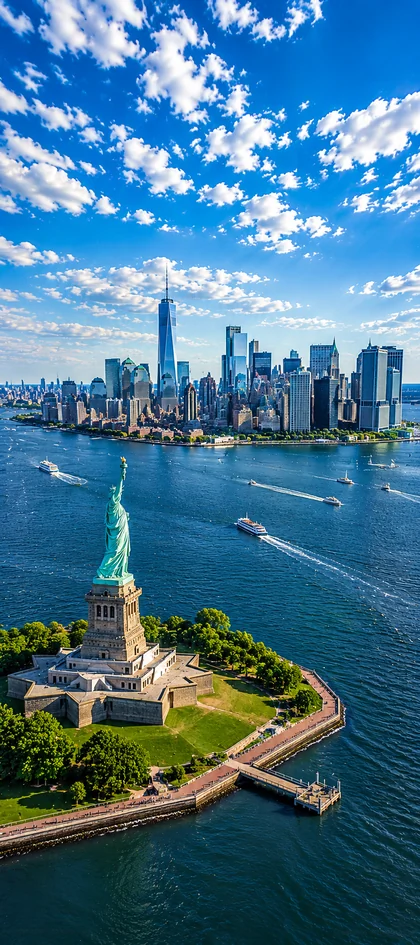 New York Wallpapers 4K mit Freiheitsstatue, Manhattan Skyline und One World Trade Center unter blauem Himmel