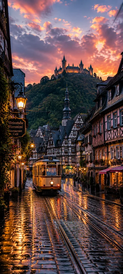 Historische Altstadt mit Straßenbahn, nasser Straße und Burg auf dem Hügel bei Sonnenuntergang als 4K Handy Hintergrundbild