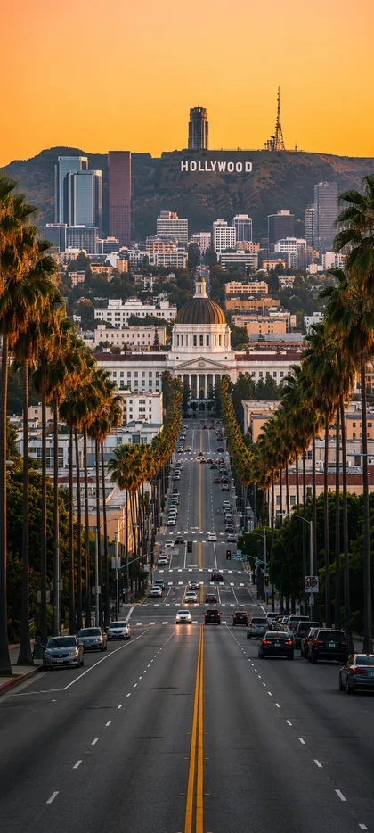 Hollywood Sign über Los Angeles mit Palmenallee und Skyline als 4K Handy Hintergrundbild