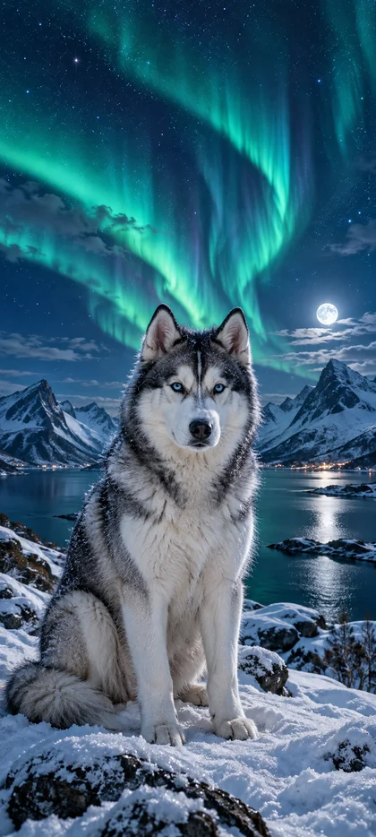 Grau-weißer Husky mit blauen Augen auf verschneiten Felsen vor einer Wasserfläche und Berggipfeln unter grünen Nordlichtern und hellem Mond.