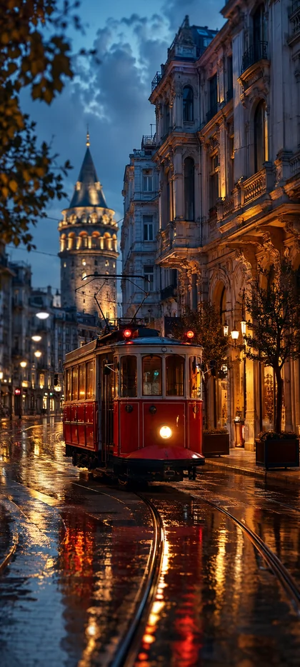Istanbul Hintergrundbilder mit roter Straßenbahn, Galataturm, regennasser Straße und beleuchteten historischen Gebäuden am Abend.
