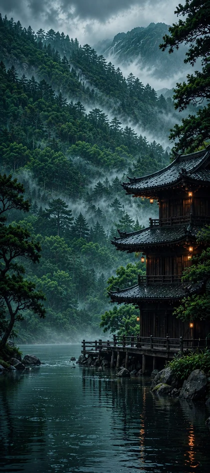 traditioneller japanischer tempel am see vor nebeligen bergen als japan hintergrundbilder und kostenlose handy hintergrundbilder 4k für iphone und samsung.
