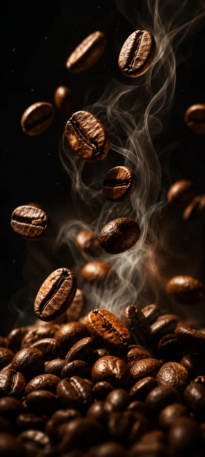 schwebende kaffeebohnen mit aromatischem dampf als kaffee hintergrundbilder und kostenlose handy hintergrundbilder 4k für iphone und samsung.