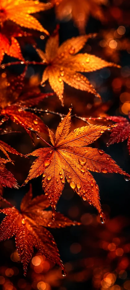 Herbst Hintergrundbilder mit leuchtend orangefarbenen Ahornblättern, Regentropfen und warmem herbstlichem Bokeh im Hintergrund.