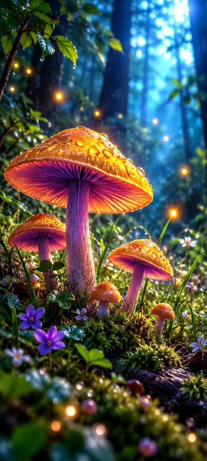 Leuchtende orange-violette Pilze auf grünem Moos mit Waldblumen und kleinen Lichtpunkten in einem mystischen Wald als Natur Hintergrundbild