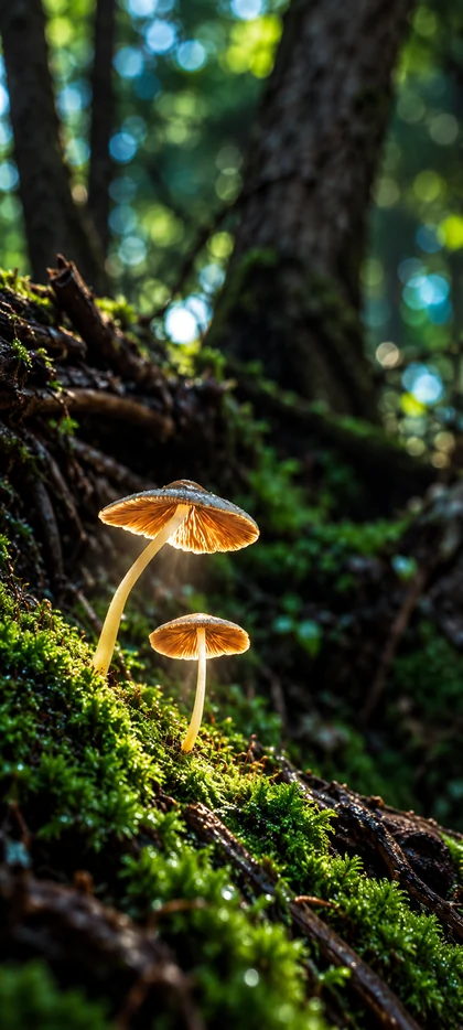 Zwei leuchtende Waldpilze auf grünem Moos zwischen Baumstämmen und warmem Sonnenlicht als Natur Hintergrundbild