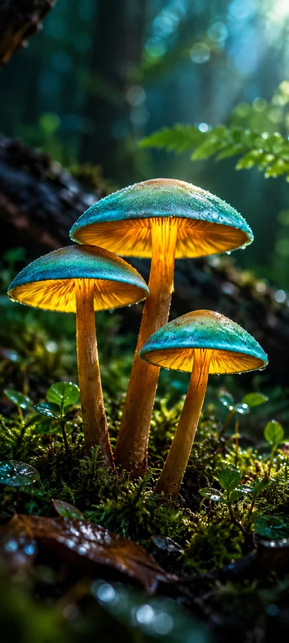 Drei leuchtende Waldpilze mit blaugrünen Hüten und goldenen Lamellen auf feuchtem Moos im dunklen Wald als Natur Hintergrundbild