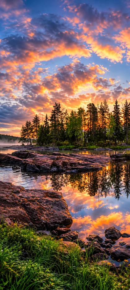 Leuchtender Sonnenuntergang am Waldsee – iPhone 18 Hintergrundbilder