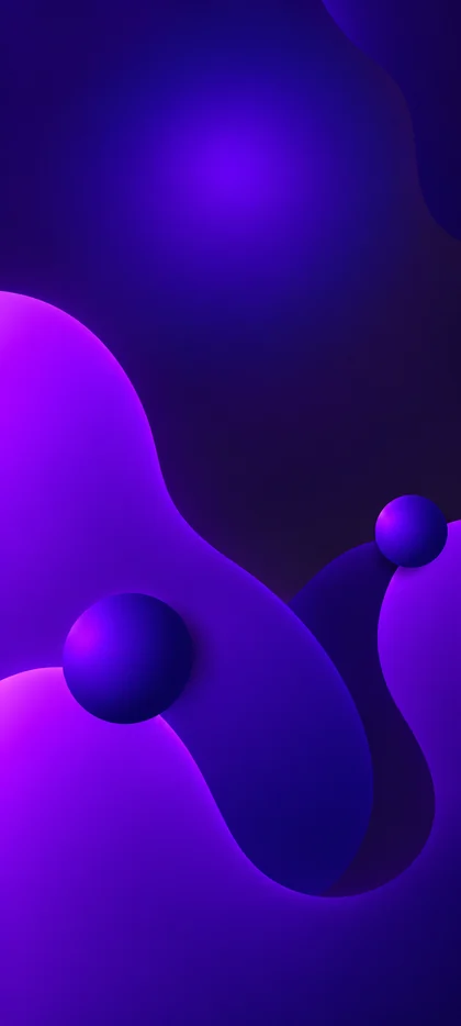 Abstraktes iPhone 18 Hintergrundbild mit violetten 3D-Kugeln, leuchtenden lila Farbverläufen und geschwungenen Formen auf dunkelviolettem Hintergrund.