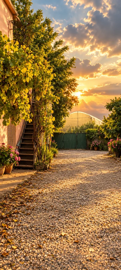 Ländlicher Gartenweg mit grünen Pflanzen, Blumen, Hausfassade und goldenem Sonnenuntergang als Natur Hintergrundbild