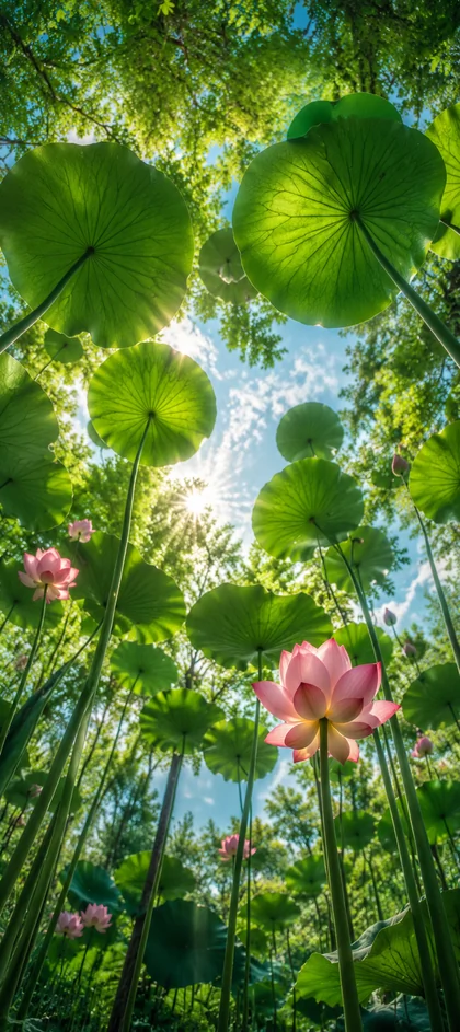 rosa lotusblumen zwischen grünen lotusblättern im sonnenlicht als blumen hintergrundbilder und kostenlose handy hintergrundbilder 4k für iphone und samsung.