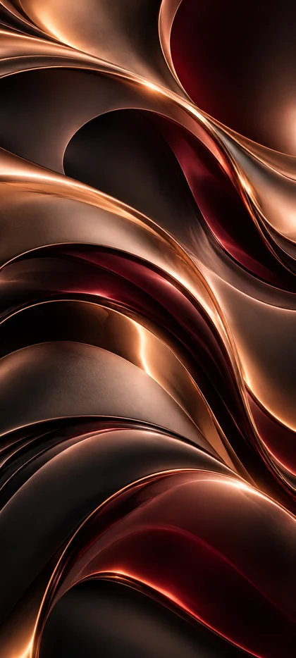 Abstraktes iPhone 18 Hintergrundbild mit fließenden metallischen 3D-Wellen, glänzendem Kupfer, dunklem Schwarz, Bordeauxrot und goldenen Lichtreflexen.