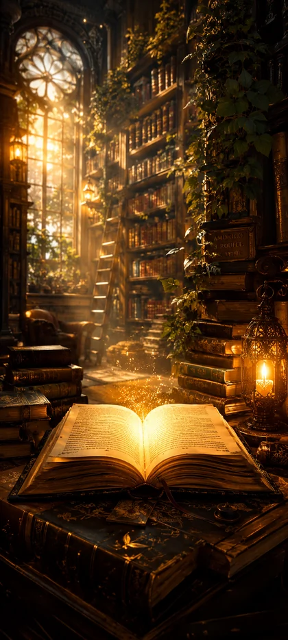 Offenes Buch in einer alten Bibliothek mit warmem Licht und hohen Bücherregalen als 4K Handy Hintergrundbild