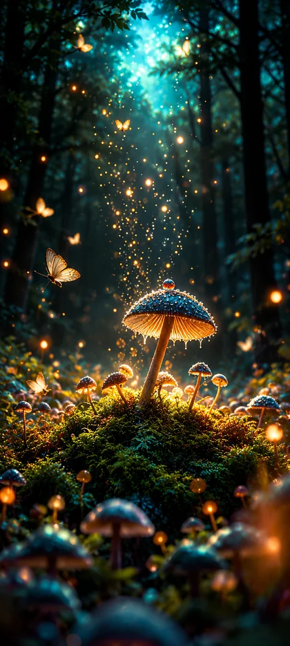 Leuchtende Pilze auf grünem Moos mit Glühwürmchen und magischem Licht in einem dunklen Wald als Natur Hintergrundbild