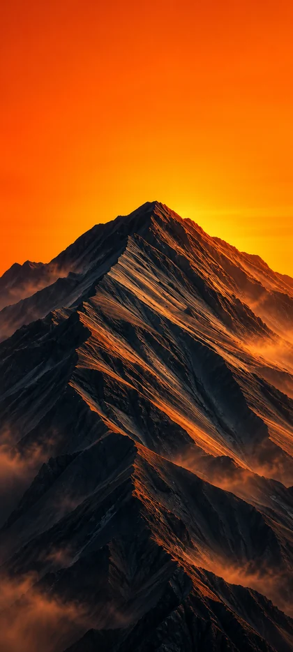iPhone 18 Hintergrundbild mit majestätischem Berggipfel, dunklen Felsformationen, goldenem Sonnenlicht und intensiv orangefarbenem Himmel bei Sonnenuntergang.