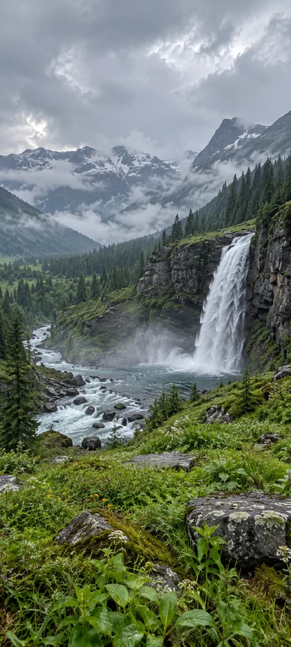 Majestätischer Wasserfall in grüner Berglandschaft