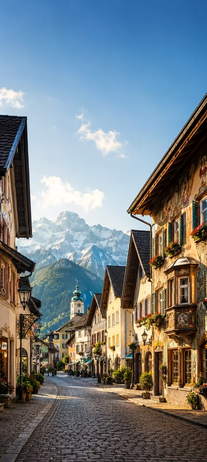 Malerisches Alpendorf mit traditioneller Architektur, Kopfsteinpflaster und hohen Bergen als 4K Handy Hintergrundbild