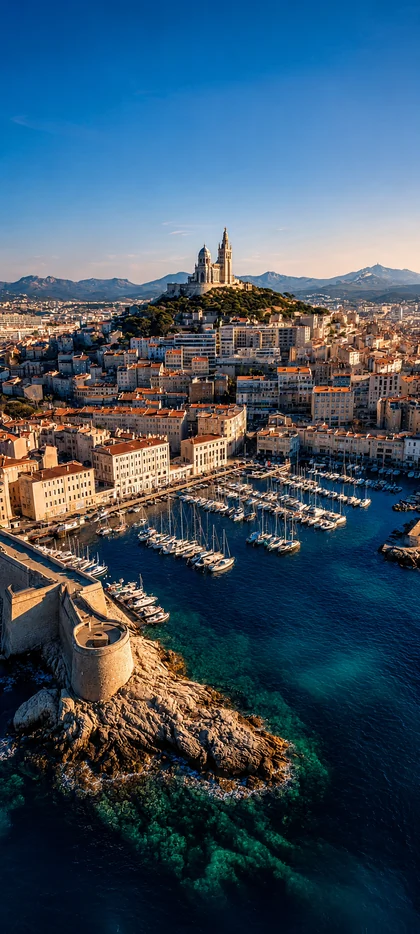 Luftaufnahme von Marseille mit Notre-Dame de la Garde, altem Hafen, Segelbooten und blauem Mittelmeer als vertikales Wallpaper