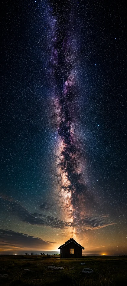 Milchstraße am Nachthimmel über einer kleinen Hütte auf freiem Feld als 4K Smartphone Hintergrundbild