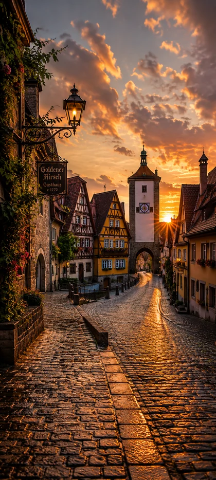 Mittelalterliche deutsche Altstadt mit Fachwerkhäusern, Stadttor und Kopfsteinpflaster bei Sonnenuntergang als 4K Handy Hintergrundbild