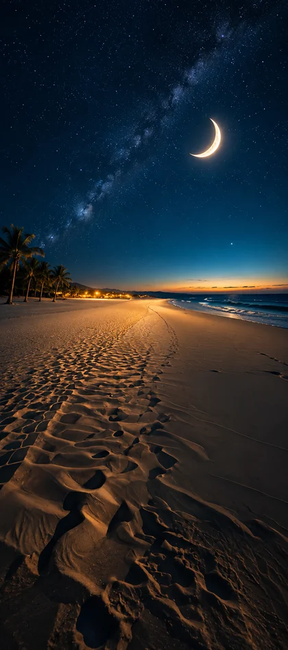 mondsichel über einem ruhigen sandstrand mit milchstraße und sternenhimmel als mond hintergrundbilder und kostenlose handy hintergrundbilder 4k für iphone und samsung.